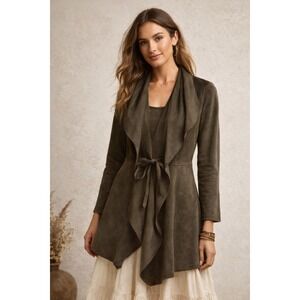 Luii Faux Suede Draped Waterfall Jacket Olive Boho Tie Waist Small